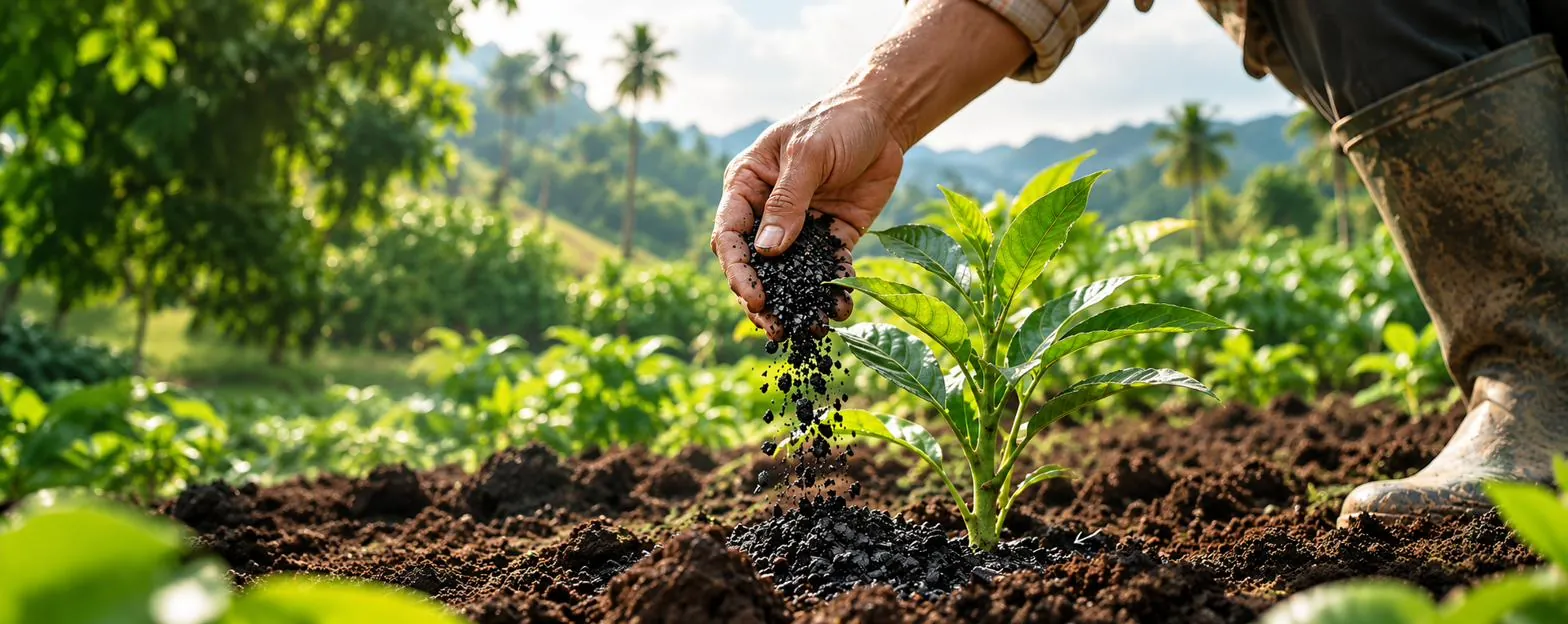 Tangan petani menaburkan butiran biochar hitam di dekat tanaman muda di kebun
