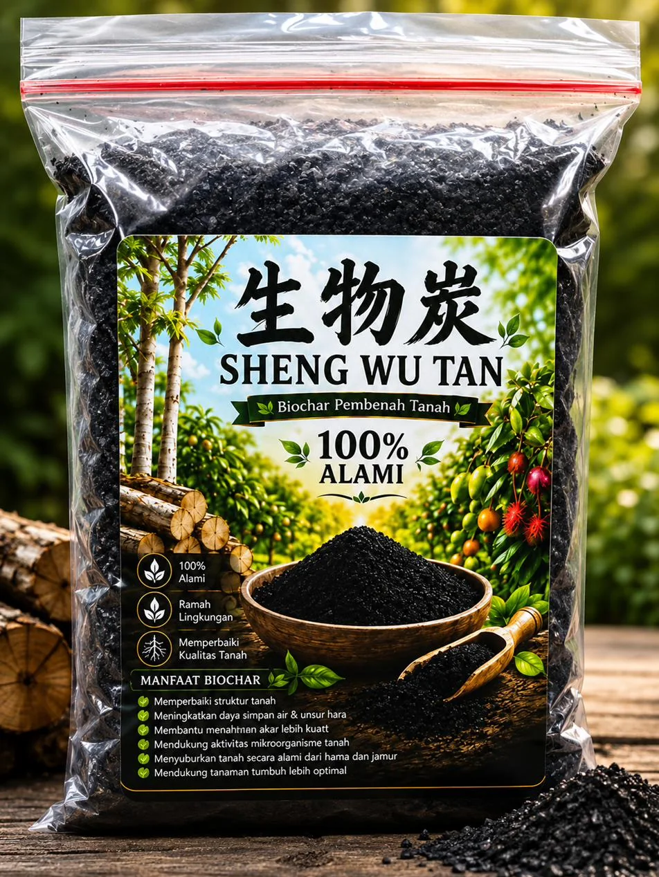 Kemasan Sheng Wu Tan, biochar pembenah tanah, berisi butiran arang hitam dalam kantong bening